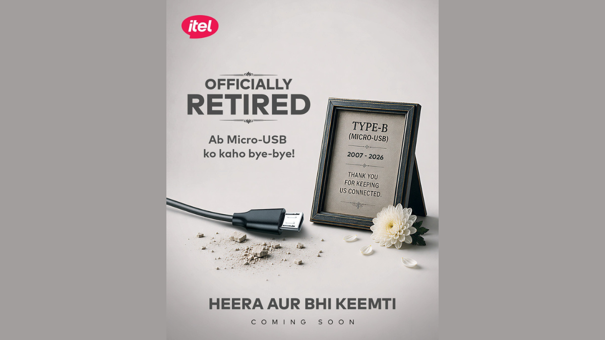 Black cable connector on left, white flower, and framed text declaring Type-B officially retired electronics.
