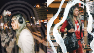 Person wearing black on-ear headphones in an urban night scene on left, and next to a street market on right context.
