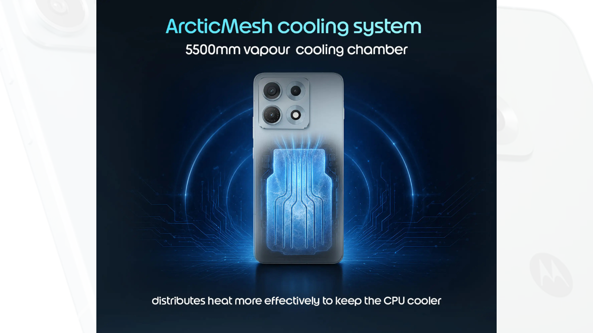 The back of a grey smartphone showing a glowing blue internal vapour cooling chamber graphic for the India release.