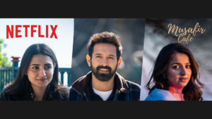 Portraits of a woman under a Netflix logo, a smiling bearded man, and a woman under text reading Musafir Cafe.
