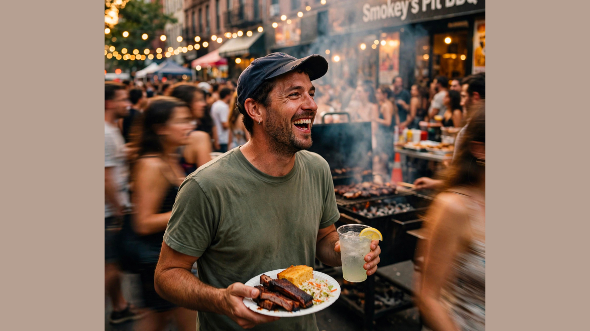 A man wearing a cap laughs while holding a plate of ribs at a crowded outdoor barbecue street market.