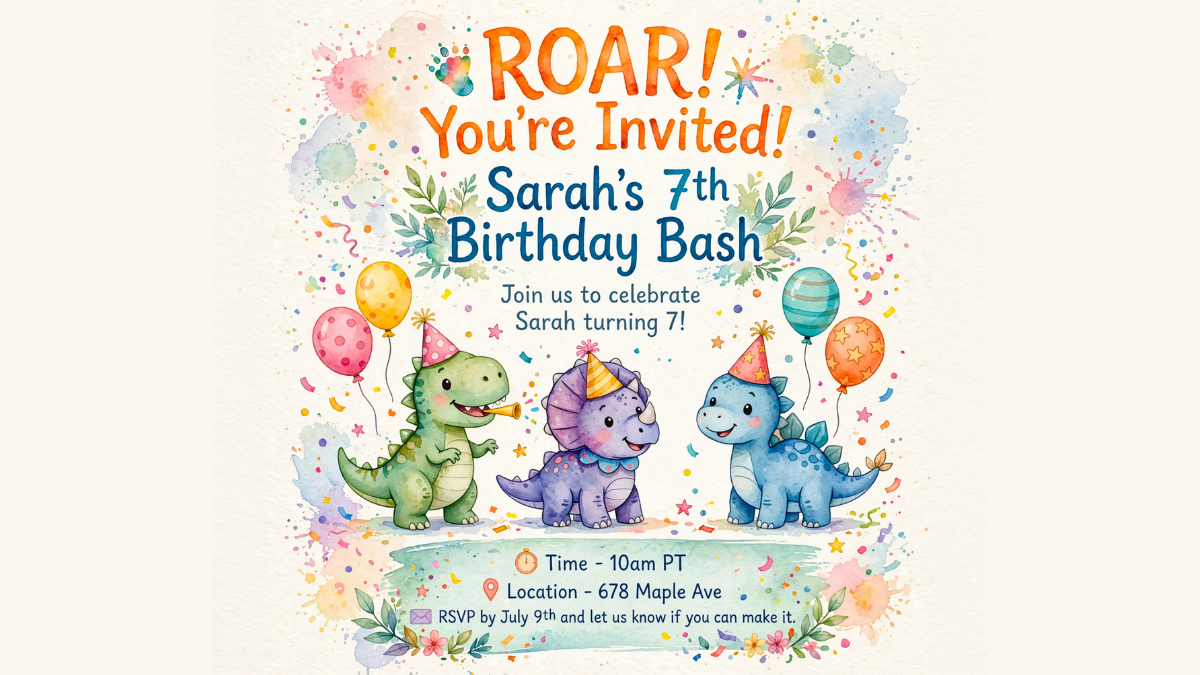 A watercolour dinosaur themed birthday invitation card displaying clean legible generated text elements.