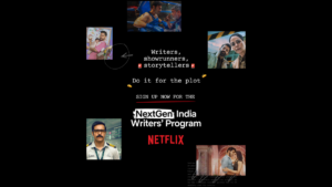 Text reading NextGen India Writers' Programme on a black background surrounded by five stills of Indian actors.