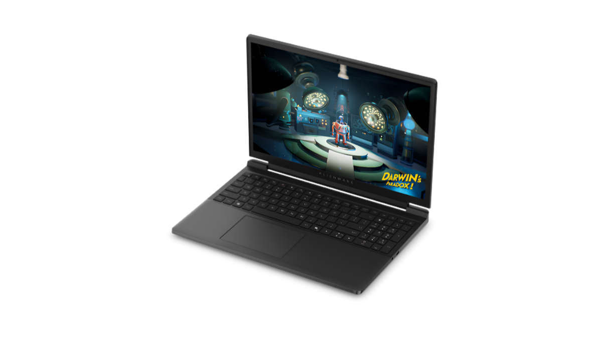 Dell prices the new Alienware 15 from ₹115,990 in India 1 Black gaming laptop shown from an elevated left angle with keyboard and animated screen visible on a white background.