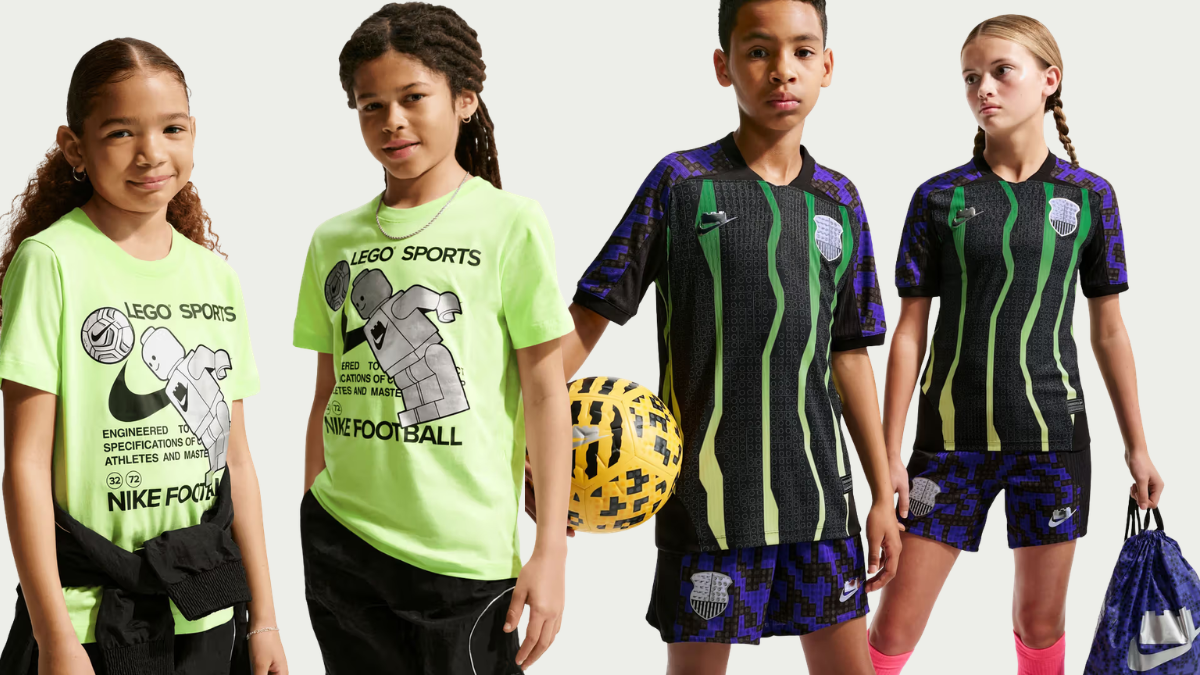 Air Max 95 gets a brick makeover starting at ₹10,095 1 Four children wearing neon green graphic t-shirts and patterned green, black, and purple football shirts in a studio setting.