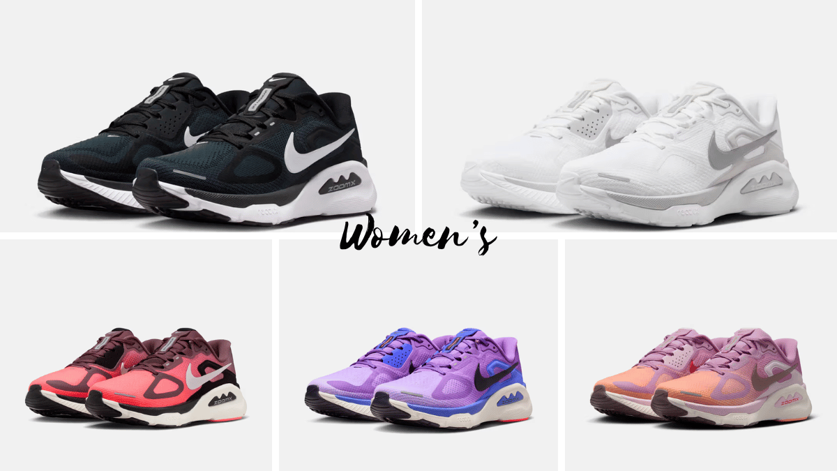 Five pairs of women's trainers shown in different shades with cursive text reading Women's across the centre.