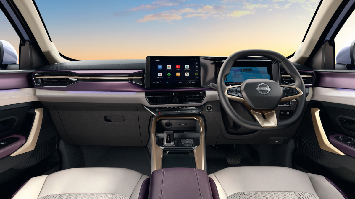 A 700 litre boot space sets a new standard for SUVs 1 Right-hand drive cabin with white seats, purple dashboard trim, rose gold accents and dual digital screens vehicle.