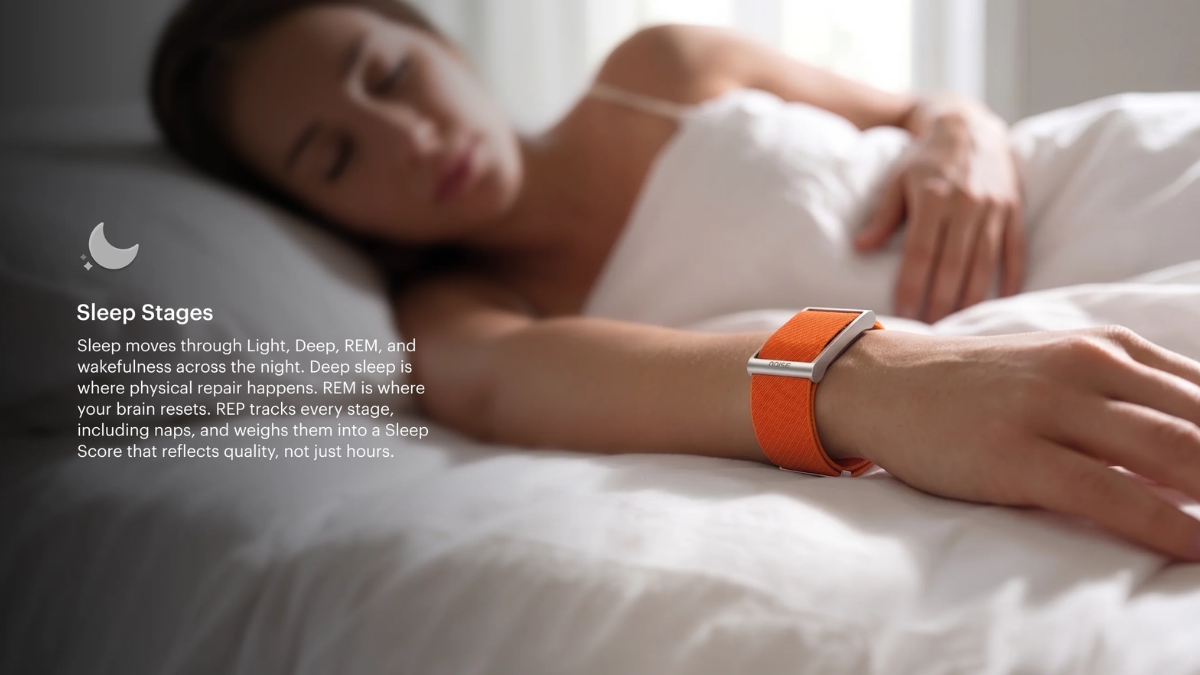 At ₹7,999 this screenless tracker charges no monthly fees 2 A woman sleeping in bed with an orange fitness band on her wrist in the foreground next to white text about sleep stages.