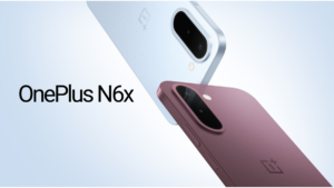 Two OnePlus N6x smartphones in Ice Blue and Burgundy Red showing rear camera modules.