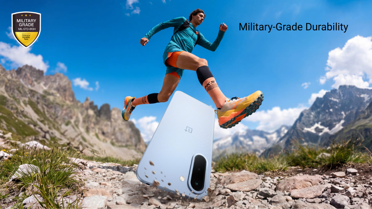 Will MIL-STD-810H durability survive the Indian commute? 2 An Ice Blue smartphone bouncing off rocky ground near a runner mid-air, with a military durability emblem.