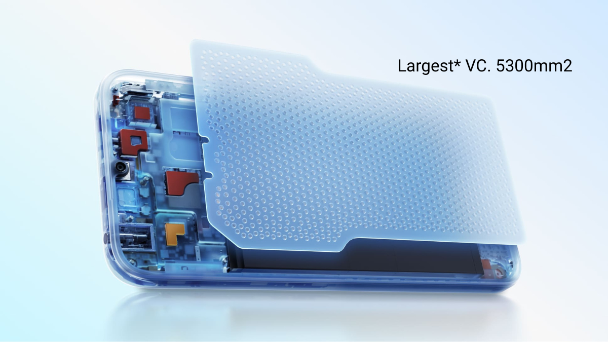 Will MIL-STD-810H durability survive the Indian commute? 1 Internal hardware render of a smartphone displaying a 5300mm² vapour chamber over circuit board components.