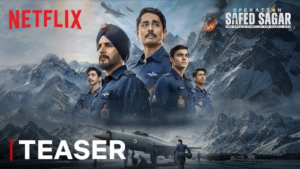 Five actors in Indian Air Force uniforms look forward against a background of snowy mountains and a fighter aircraft.