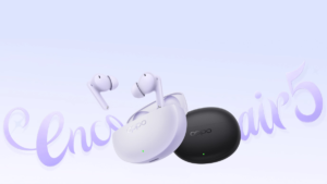 Lavender purple earbuds and open charging case alongside a closed midnight black charging case on a light purple background.