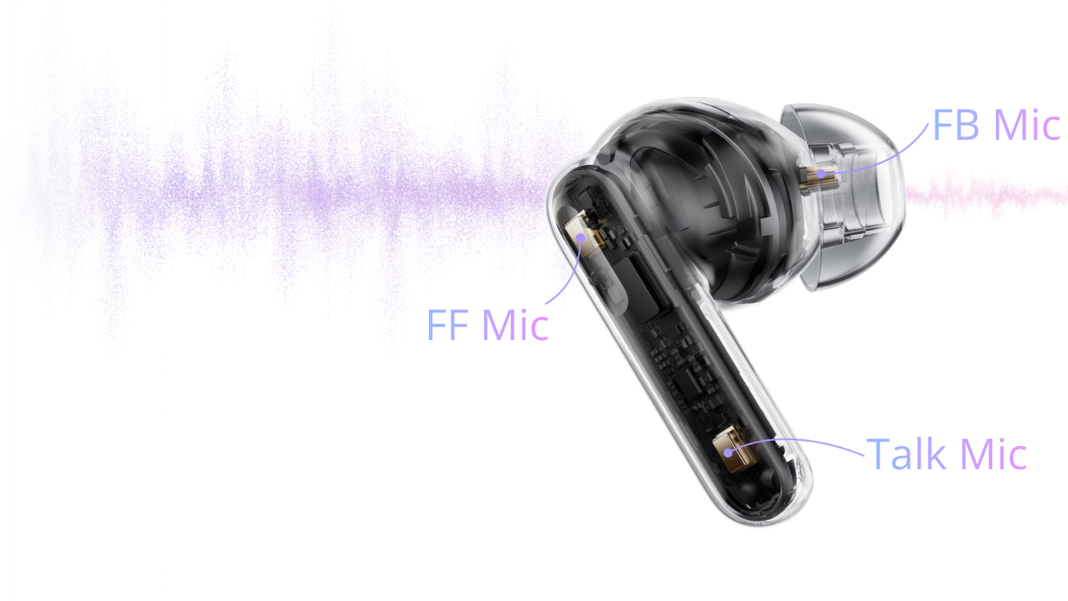 This budget audio upgrade finally fixes bad call clarity 1 A transparent earbud cross section revealing internal components labeled FF Mic, FB Mic and Talk Mic against a soundwave.
