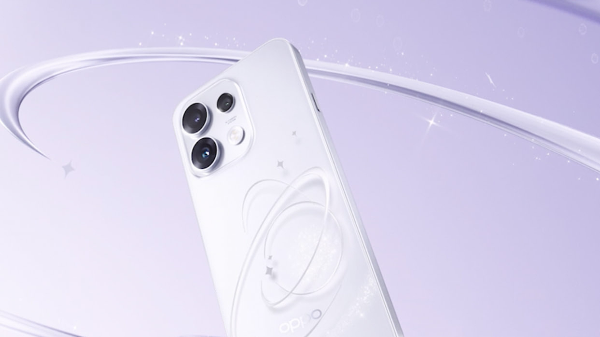 Close-up of the upper rear panel of a white smartphone with three camera lenses against a light purple background.