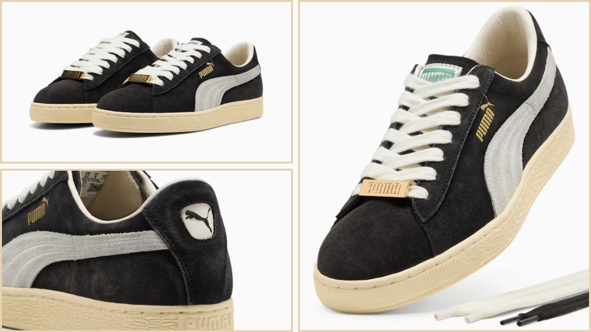 Product detail views of a black suede trainer showing the gold lace keeper, white formstrip, and cat logo on the heel.