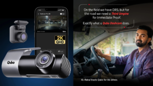 Matte black dashcam units and a smartphone app next to cricketer KL Rahul inside a car, showing vehicle hardware.