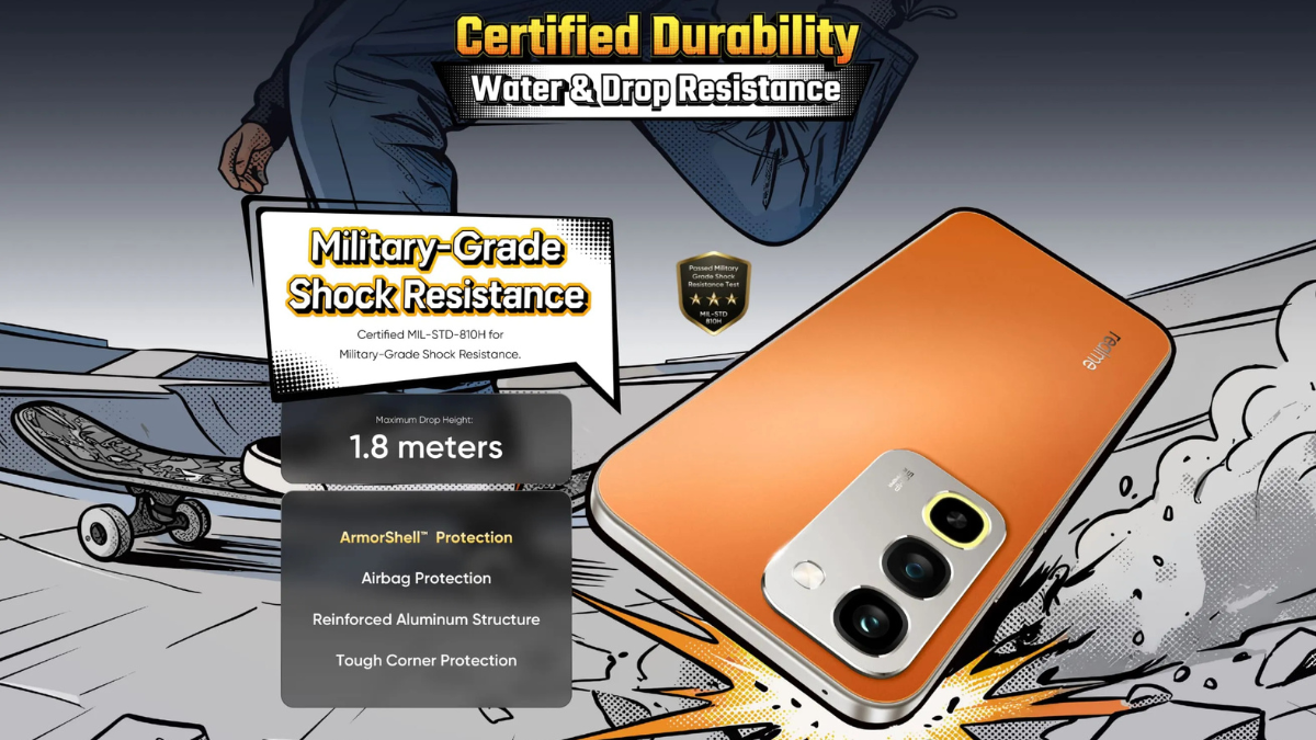 Orange handset falling against a comic illustration of a skateboarder next to a text box outlining structural durability.