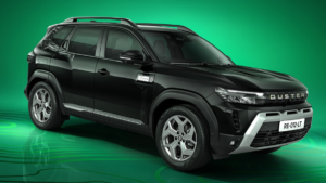 Black Renault Duster SUV with silver alloy wheels and contour decals on a green studio background, India model.