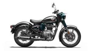 A chrome and teal Royal Enfield Classic 350 motorcycle with spoked wheels shown from the side profile cruiser.