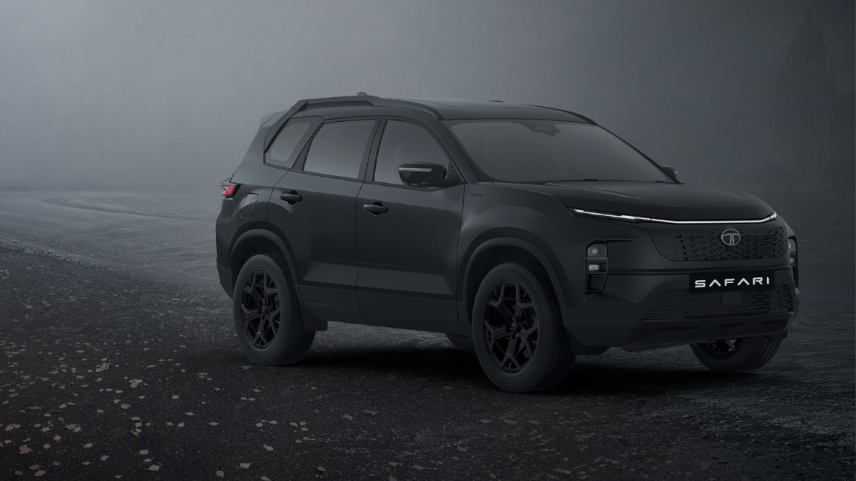 The stealth edition returns as a permanent fixture for buyers 1 Matte black SUV with a Safari badge on the front bumper parked on dark leaf-covered ground against a foggy background.