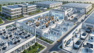 Office workers, robotic arms, clean rooms, and cars in a semiconductor manufacturing facility layout diagram.