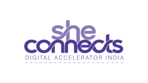 Purple text reading she connects above the words digital accelerator india on a plain white background.