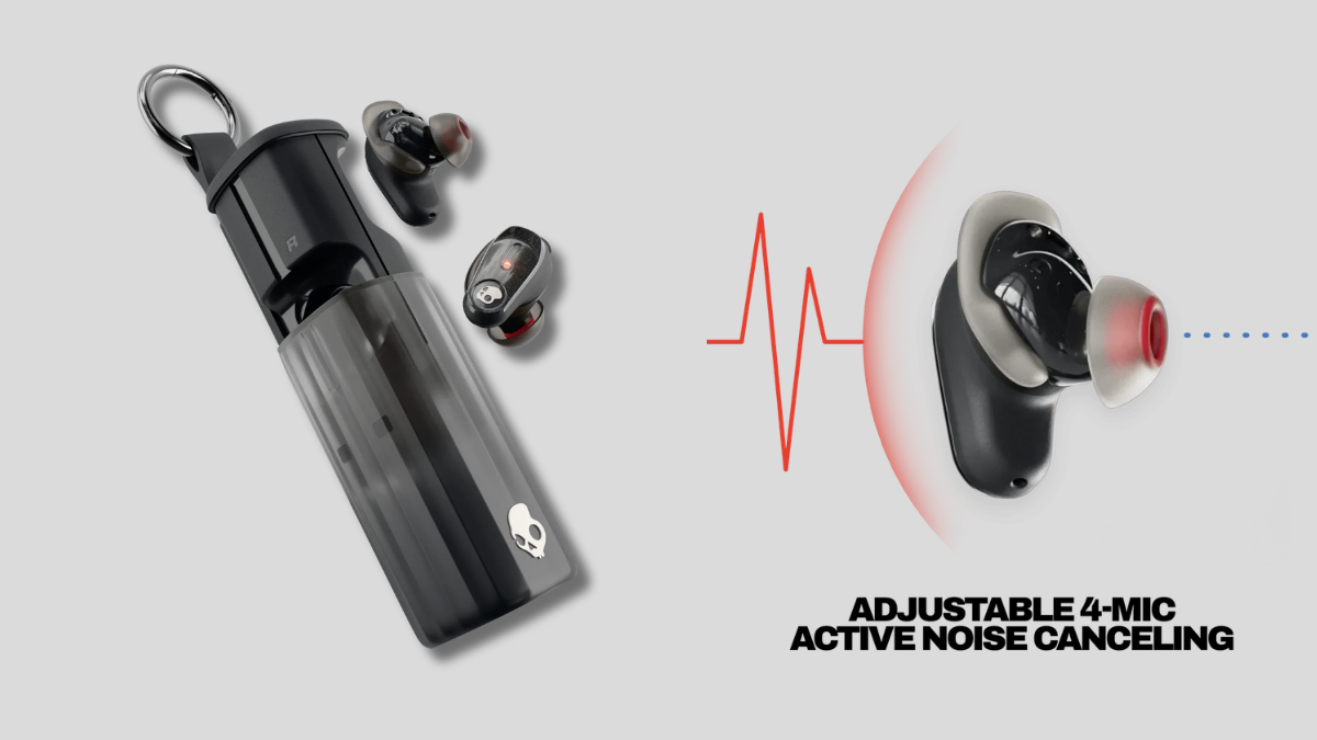 Black wireless earbuds and slider case next to a red audio wave graphic with active noise cancelling text.