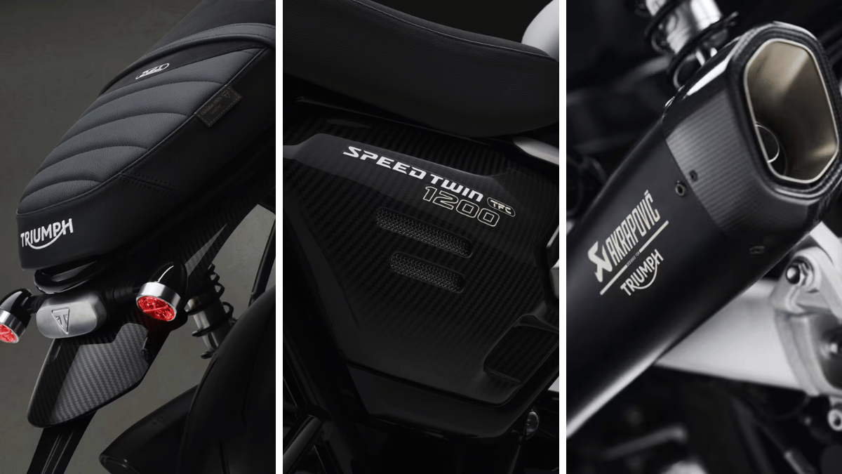 The custom factory build Indian buyers will fight to secure 2 Close-ups of a stitched leather seat, a carbon-fibre side panel, and a black Akrapovic titanium silencer tip.