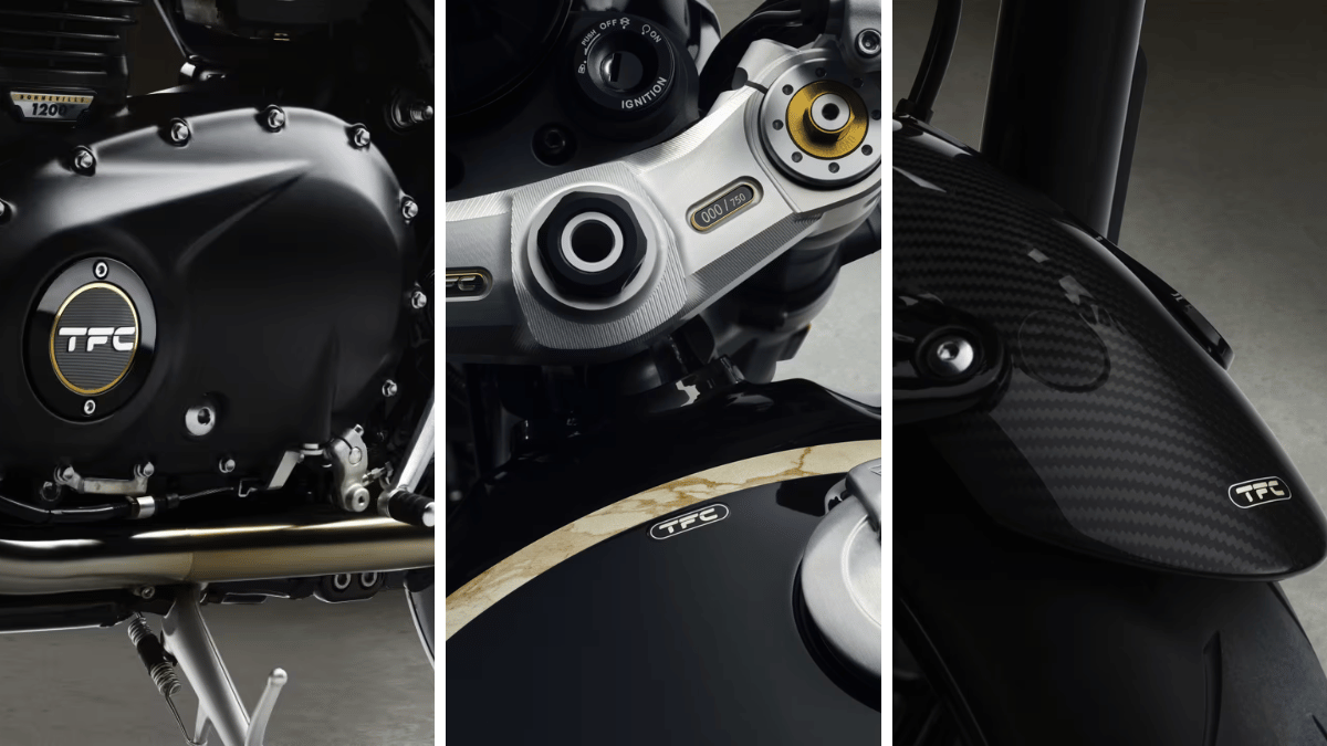 The custom factory build Indian buyers will fight to secure 1 Close-ups of a black engine cover, a serialised aluminium top yoke, and a carbon-fibre front mudguard.