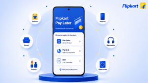Icons for home and fashion beside a central smartphone on a pedestal flanked by electronics and appliance icons interface.