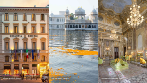 Florence hotel exterior, Udaipur lake palace, and Siena hotel grand ballroom interior representing the network.