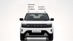 White Tata Sierra SUV front view with black grille lettering under text introducing the smart plus jubilee edition.