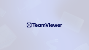 Dark blue TeamViewer corporate logo centred on a light lavender background with faint device outlines, showing software id...