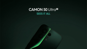 Rear of a green smartphone showing camera lenses under white text reading Camon 50 Ultra 5G on a dark background.