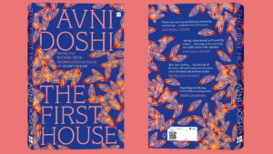 Front and back covers of a blue book with orange wing patterns on a pink background, showcasing the novel design.