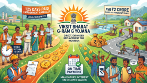 Rural workers holding papers on the left and labourers paving a road on the right with central infographics for the India ...