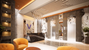 Modern hotel lobby with geometric black marble reception desk, blue V logo, marble walls, geometric ceiling lighting, and ...