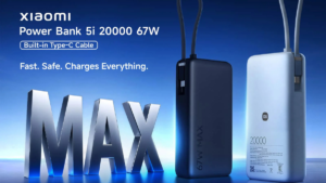 Black and light blue Xiaomi 20,000mAh power banks with integrated loop cables on a blue studio background.