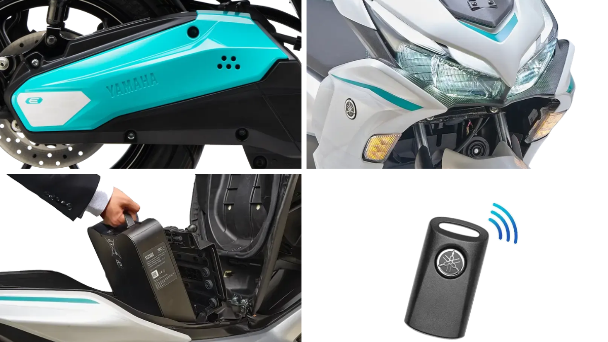 Four panels showing a cyan motor case, LED headlights, a hand lifting a battery, and a smart key fob.