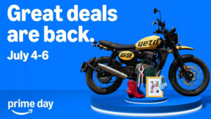 Red boots, green handbag, and blue headphones in front of a yellow Yezdi motorcycle on a blue background for Prime Day.