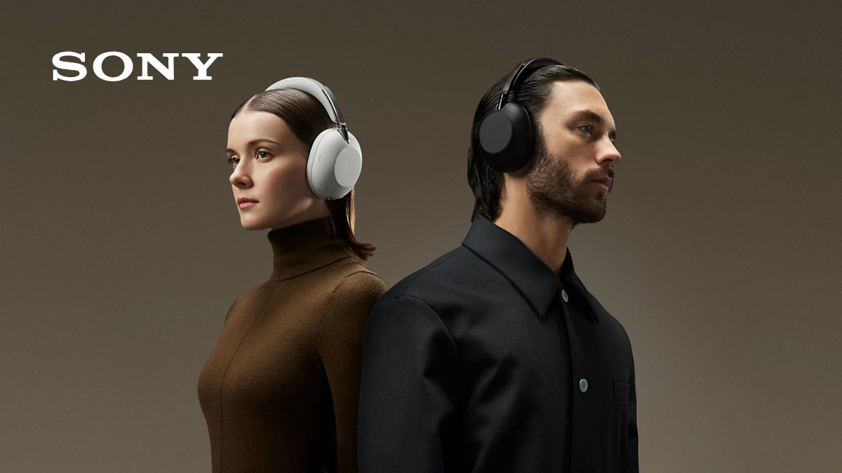Slimmer WF-1000XM6 earbuds and 1000X headphones drop in India 1 SONY logo, woman with platinum silver headphones, man in black jacket wearing black headphones, beige backdrop shot.