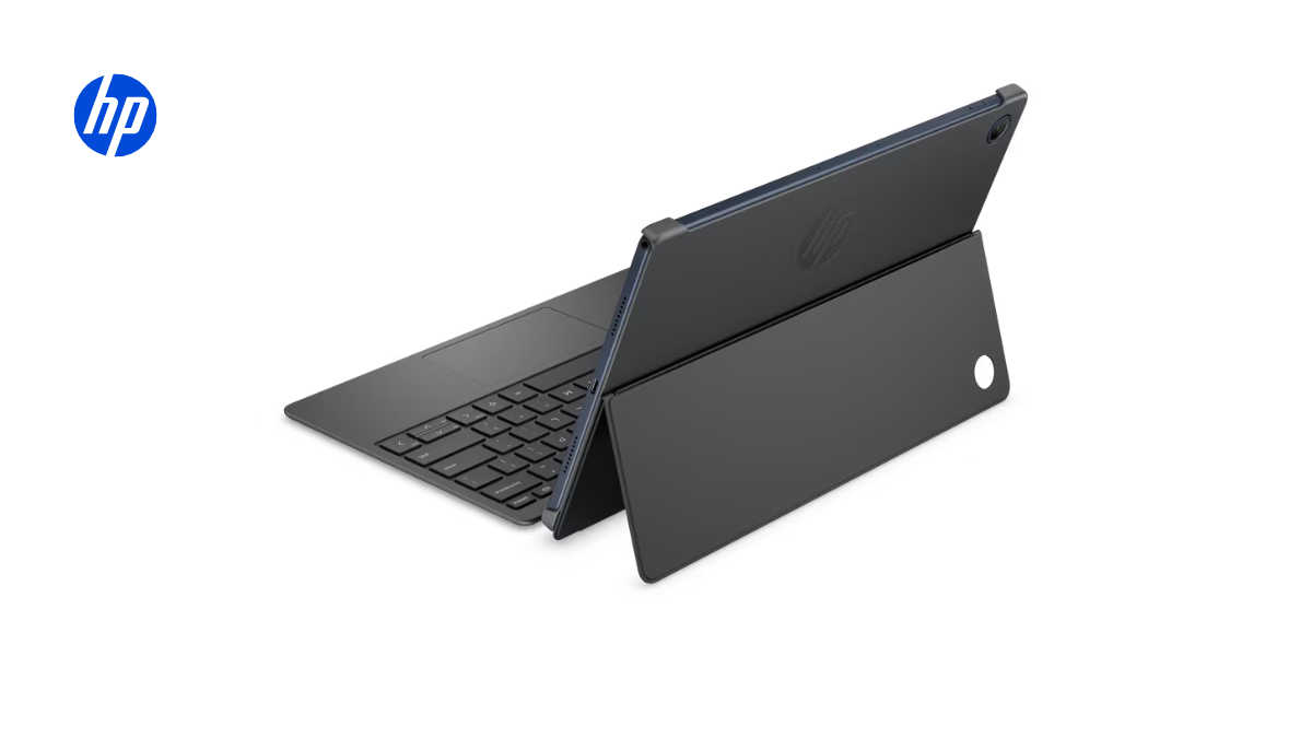 Magnetic keyboards and premium AI tools arrive on a new hybrid tablet 1 Keyboard keys on left beside a dark grey rear cover with an embossed logo and rear camera lens, hardware slate.