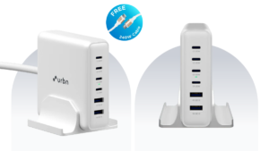 White Urbn 200W GaN Power Hub Charger in a stand, free 240W cable badge, and front view displaying six ports setup.