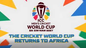 Central circular logo with trophy silhouette and text 2027 Men's Cricket World Cup branding against colourful triangular p...
