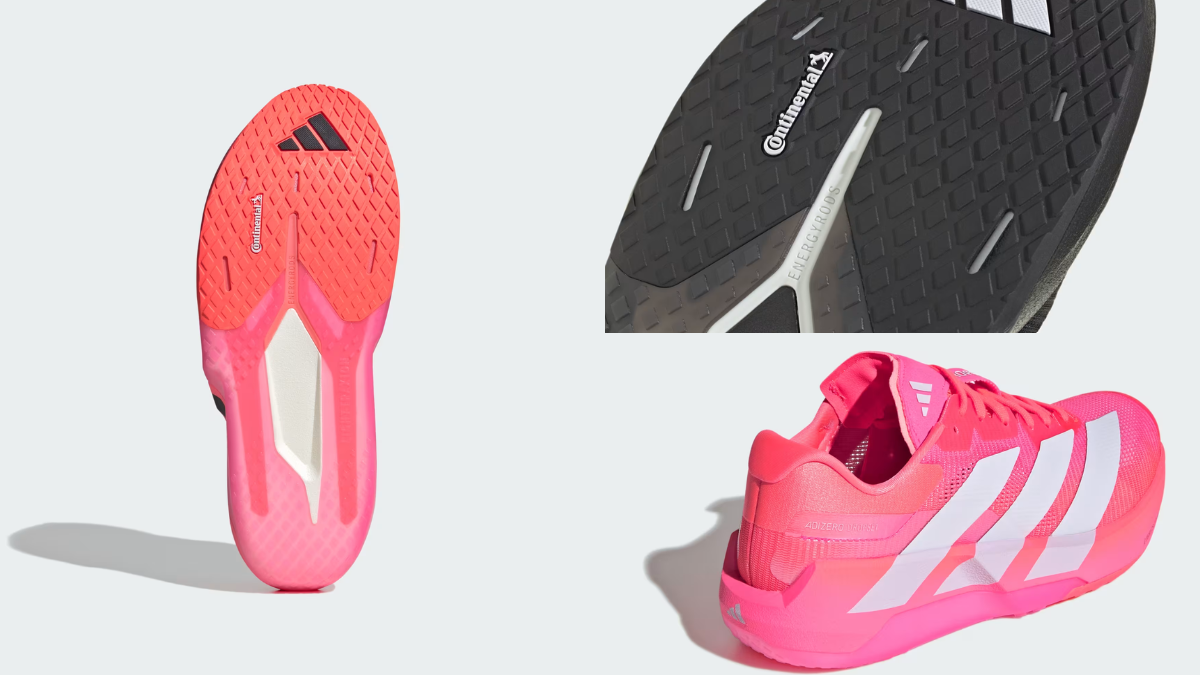 ₹13,999 training shoe drops for runners who lift 1 Pink outsole, close-up of Energyrods in black Continental rubber, and rear view of pink training shoe.