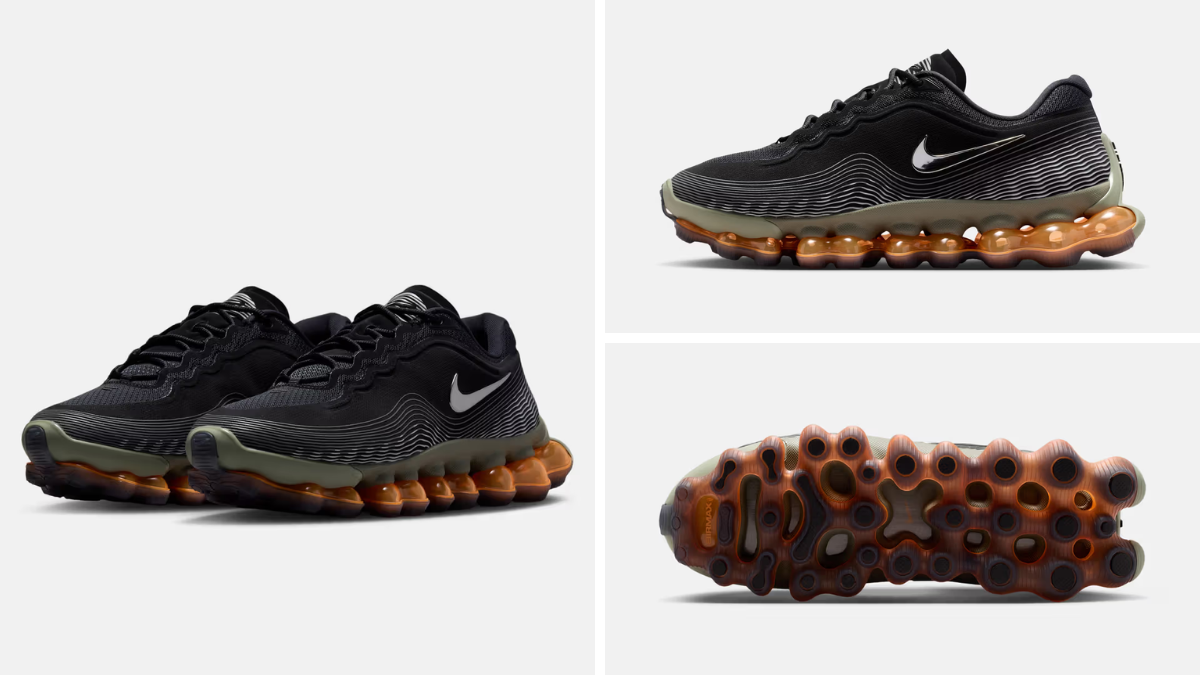 Point-loaded cushioning lands on the Air Liquid Max 2 Black upper shoes with metallic silver Swoosh light army trim and amber tinted pod outsoles shown from side and bottom footwear.