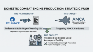 Reliance and Rolls-Royce logos linked by a handshake icon next to an AMCA fighter jet and factory infographic.