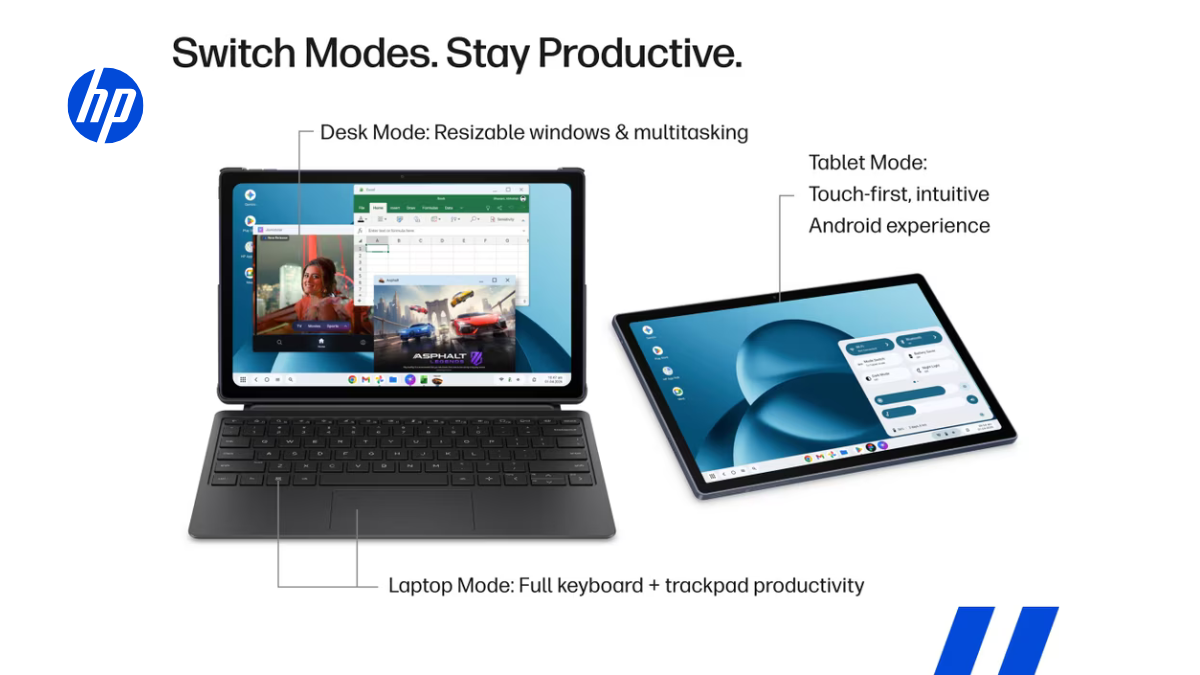 Magnetic keyboards and premium AI tools arrive on a new hybrid tablet 2 Attached keyboard running open apps on left beside a touch panel showing Android quick settings, software graphic.