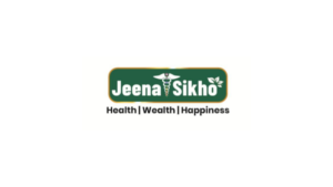 Green badge with white Jeena Sikho Ayurvedic pain relief patch brand text and black slogan on white background logo.